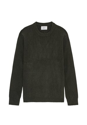 Pull en maille côtelée vert foncé avec un col rond et des manches longues. Présente un design simple et minimaliste. Texture douce, sans motifs ni accents.