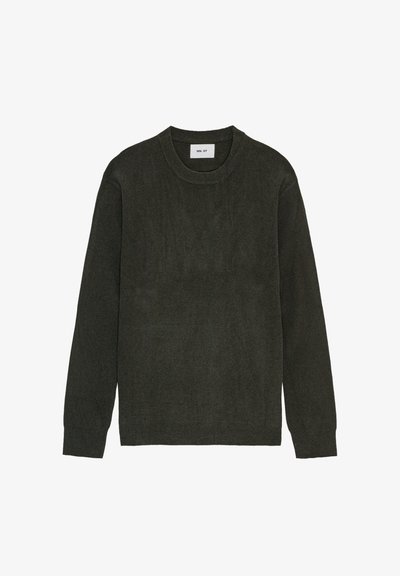 Dark green ribbed knit sweater with a round neck and long sleeves. Features a simple, minimalist design. Soft texture, no patterns or accents.