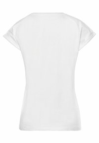 Weißes Kurzarm-T-Shirt mit rundem Ausschnitt. Aus weichem Baumwollstoff gefertigt, mit einem schlichten Design und einer taillierten Silhouette.