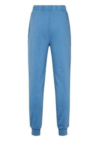 Blue elastic-waist jogger pants with cuffed ankles, made of soft fabric, displayed on a white background.