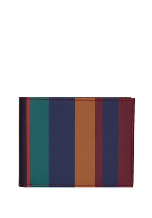 Portafoglio pieghevole realizzato in pelle liscia con strisce verticali in turchese, bordeaux, marrone e blu navy. I bordi sono cuciti con precisione.