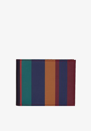 Portafoglio pieghevole realizzato in pelle liscia con strisce verticali in turchese, bordeaux, marrone e blu navy. I bordi sono cuciti con precisione.