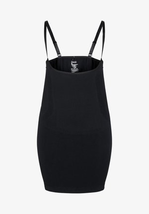 Melnā pieguļošā kleita ar regulējamiem siksniņām. Tam ir ribota tekstūra un gluda auduma virsma. Vienkāršs dizains bez redzamām rakstāmām vai rotājumiem.