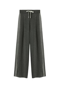 Wijdvallende sweatpants van donkergrijs materiaal, met een witte trekkoord en verticale witte strepen langs de zijkanten. Zachte textuur, casual ontwerp.