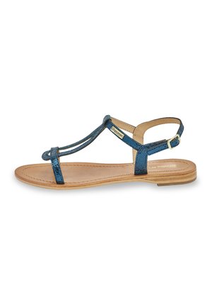 Sandale plate métallique bleue avec une bride de cheville et un design en T. Semelle intérieure en cuir lisse avec des détails en bois clair. Construction minimaliste.