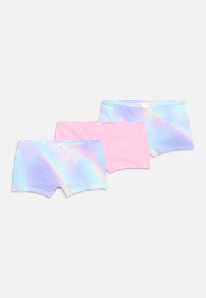 Three pairs of women's seamless boyshort underwear, two with pastel rainbow tie-dye and one solid pink, laid flat on a white background.