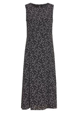 Sleeveless black midi dress with a round neckline and scattered small white leaf print pattern.