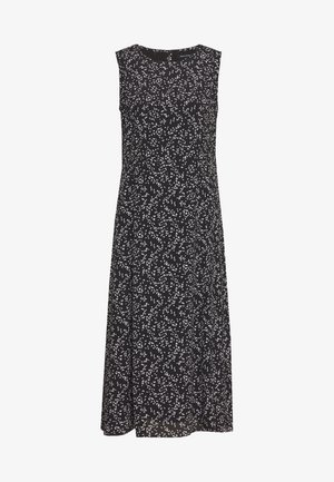 Robe midi noire sans manches avec un col rond et un motif dispersé de petites feuilles blanches.
