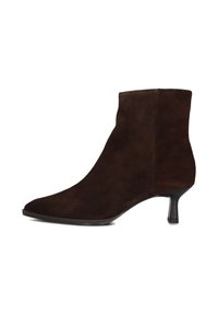 Brown suede ankle boot with a pointed toe, slim heel, and a smooth texture; features minimal design and no visible accents or hardware.