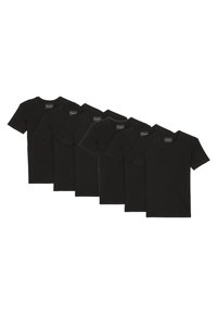 Set aus sechs schwarzen Baumwoll-T-Shirts mit kurzen Ärmeln und rundem Ausschnitt, die eine glatte Textur und ein minimalistisches Design aufweisen.