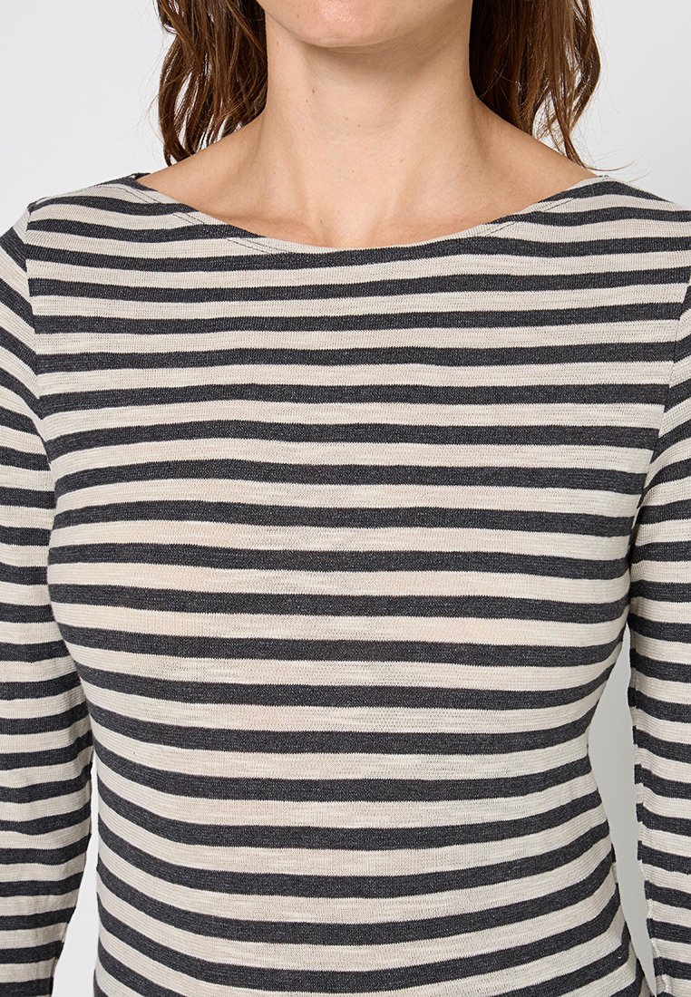 Gestreiftes Langarmoberteil mit navyblauen und cremefarbenen horizontalen Streifen, einem weiten Ausschnitt und einem weichen, strukturierten Stoff.