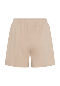 Shorts sportivi beige con vita elasticizzata, realizzati in tessuto morbido, caratterizzati da un design semplice e privo di ulteriori dettagli.