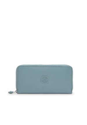 A light blue wallet made of durable material, featuring a smooth texture, zip-around closure, and a circular embossed logo on the front.
