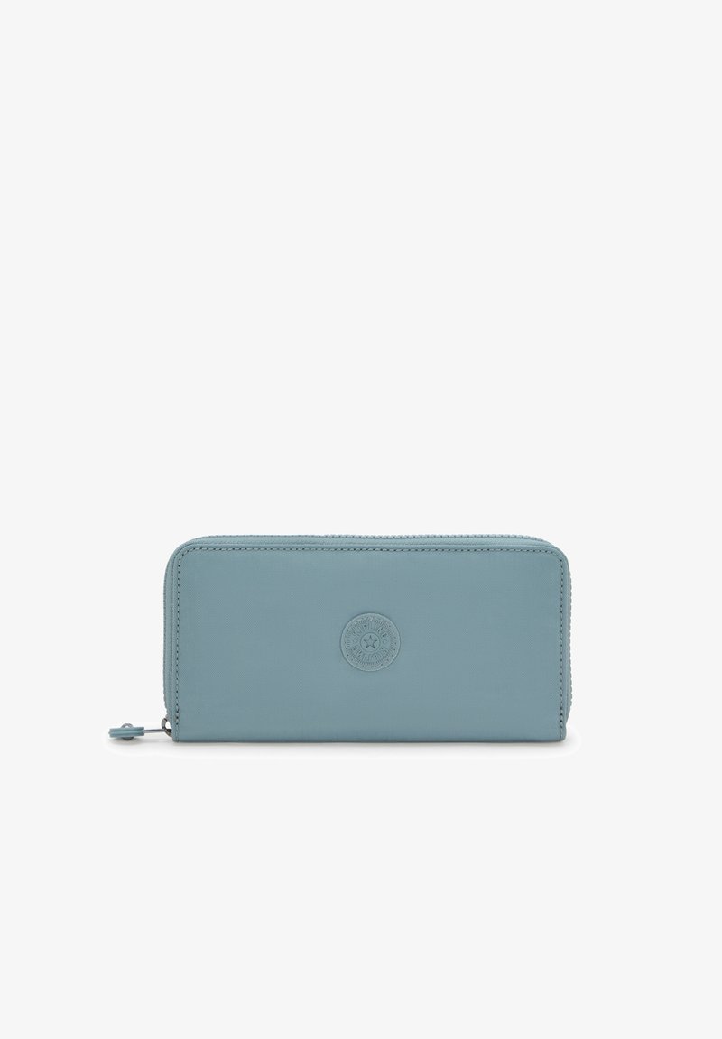 A light blue wallet made of durable material, featuring a smooth texture, zip-around closure, and a circular embossed logo on the front.