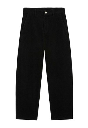 Sorte kordfløjspants med et bredbenet design, der har sidelommer og en lukning med frontknap. Teksturen er ribbet, hvilket giver en blød fornemmelse.