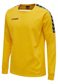 Gul langermet sweatshirt med rund hals, lavet af blødt stof. Har sort zigzag-mønster på skuldrene og et lille logo på brystet.
