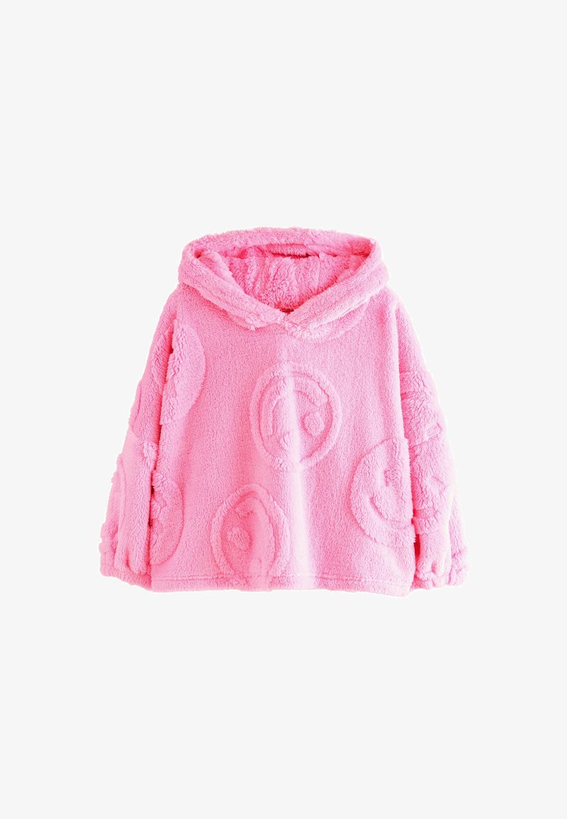 Pink flauschiger Kapuzenpullover mit geprägten lächelnden Gesichtsmustern auf Vorderseite und Ärmeln, vor weißem Hintergrund dargestellt.