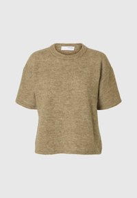 Pull à manches courtes, col ras du cou en tissu texturé de couleur marron clair. Présente une coupe décontractée avec des détails de couture minimes.