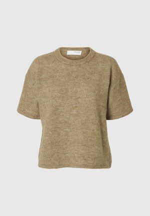 Maglione a maniche corte con scollatura rotonda in un tessuto marrone chiaro e textured. Presenta una vestibilità comoda con dettagli di cucitura minimi.