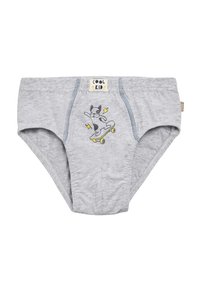 Bóxer de algodón gris con un gráfico de un perro patinador, detalles de costura y una etiqueta de "NIÑO GENIAL" en la cinturilla.