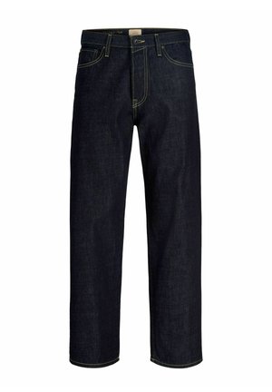 Donkerblauwe jeans met rechte pijpen, gele stiksels, knoop- en ritssluiting aan de voorkant en een ontwerp met vijf zakken.