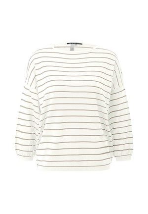 Top bianco a maniche lunghe, ampio, con strisce orizzontali marrone chiaro, caratterizzato da uno scollo rotondo e maniche arricciate. Tessuto morbido.