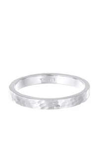 Silver ring with a hammered texture, featuring a flat band design. Marked with "925" for sterling silver authenticity.