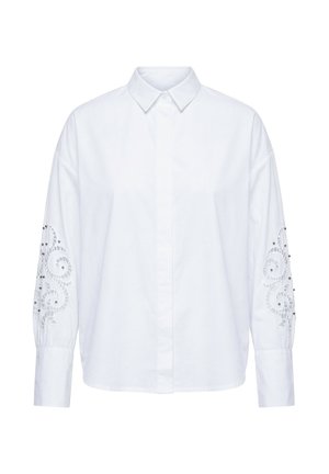 Witte lange mouwen blouse met knopen, een puntige kraag en decoratieve opengewerkte borduurwerk met draaiende patronen en kleine kralen op beide mouwen.