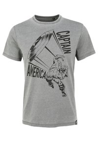Camiseta de algodón gris con un gráfico negro de una figura musculosa lanzando un escudo, con el texto "CAPITÁN AMÉRICA" destacado.