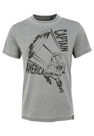 T-shirt di cotone grigia con una grafica nera di una figura muscolosa che lancia uno scudo, con il testo "CAPTAIN AMERICA" in evidenza.