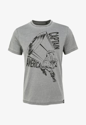 Šedé bavlněné tričko s černou grafikou svalnaté postavy házející štít, s textem "CAPTAIN AMERICA" výrazně zobrazeným.