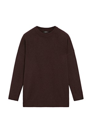 Pull en tricot marron foncé à manches longues avec un col rond et des poignets et un ourlet côtelés, posé à plat sur un fond blanc.