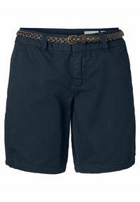 Shorts in cotone blu navy con una cintura intrecciata in pelle marrone, dotati di tasche frontali e chiusura con zip. Design testurizzato e casual.