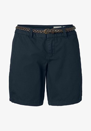 Granatowe bawełniane szorty z plecionym brązowym skórzanym paskiem, z przednimi kieszeniami i zamkiem błyskawicznym. Teksturowany, casualowy design.