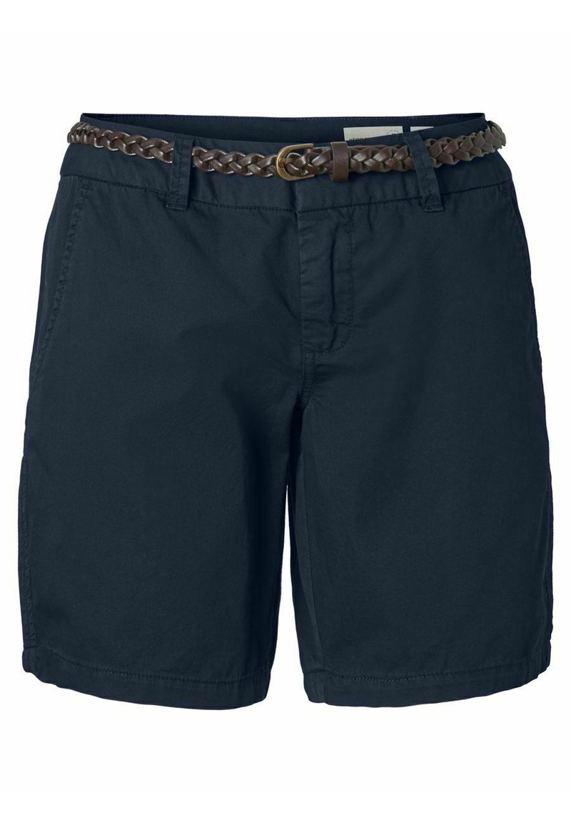 Shorts in cotone blu navy con una cintura intrecciata in pelle marrone, dotati di tasche frontali e chiusura con zip. Design testurizzato e casual.