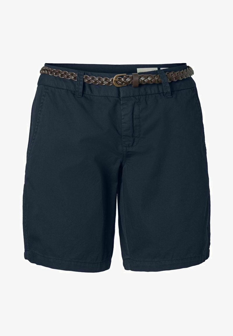 Shorts in cotone blu navy con una cintura intrecciata in pelle marrone, dotati di tasche frontali e chiusura con zip. Design testurizzato e casual.