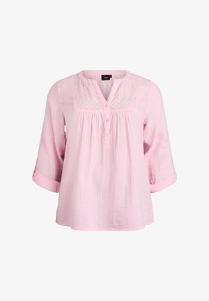 Light pink blouse with three-quarter rolled sleeves, buttoned front placket, and embroidered yoke detail.