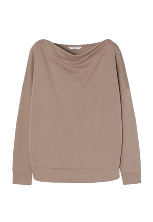Bež off-the-shoulder dressipluus drapeeritud kaelusega, pikad varrukad ja soonikkoes mansetid; pehme, sile materjal minimaalsete detailidega.