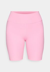 Różowe spodenki sportowe wykonane z elastycznego, lekkiego materiału. Posiadają wysoki pas i gładkie szwy dla wygody. Bez wzorów ani akcentów.