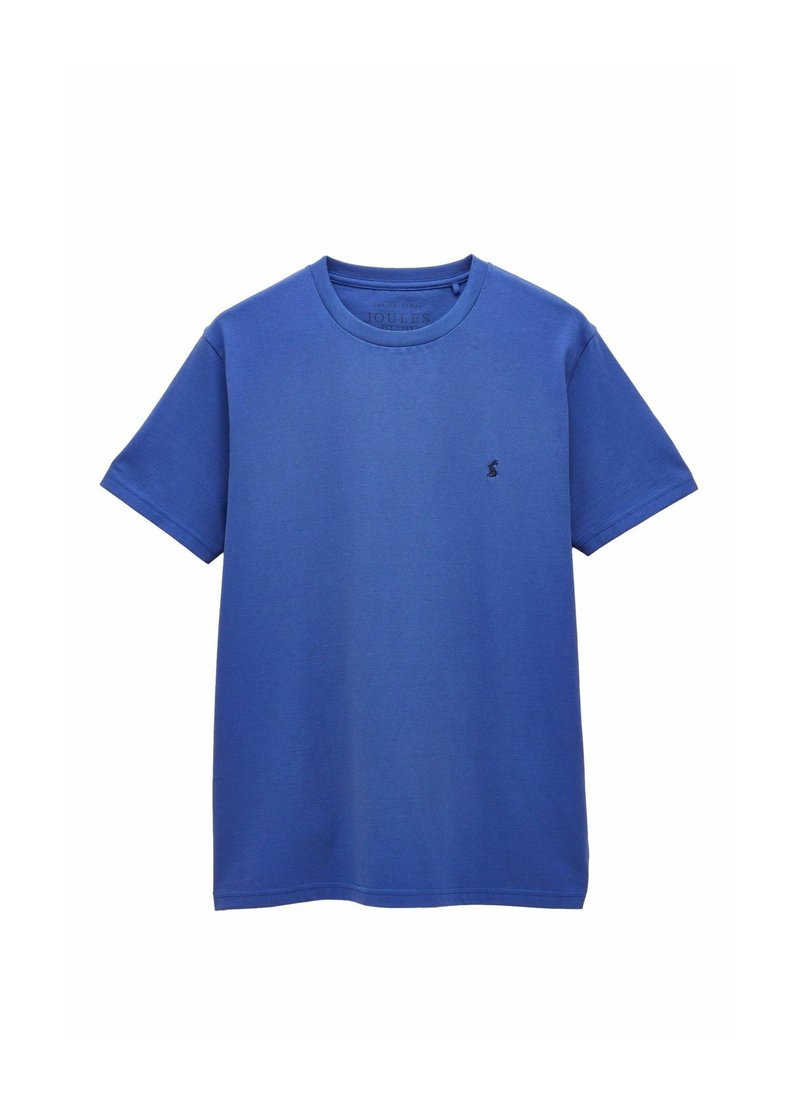 Niebieska bawełniana koszulka z krótkim rękawem z okrągłym dekoltem. Małe czarne logo na lewej piersi. Gładka tekstura, klasyczny krój.