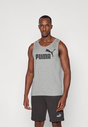 Gray tank top featuring a large black Puma logo, paired with black shorts. The outfit has a relaxed fit and a smooth texture.