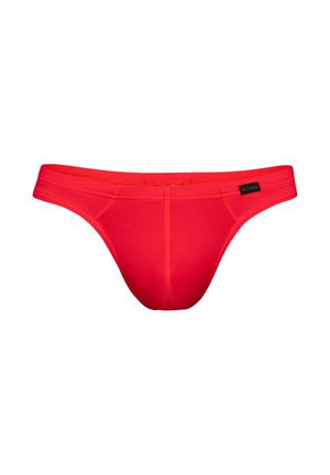 Red men's bikini-style underwear with a small black label on the waistband, plain design, and smooth fabric.