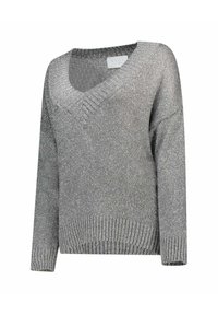 Maglione grigio scintillante a maglia con scollatura a V e polsini e orlo a coste. Texture morbida, vestibilità ampia con spalle scese e maniche di lunghezza media.