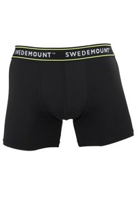 Boxer neri con ampia cintura elastica con la scritta "SWEDEMOUNT" in bianco e una striscia verde. Tessuto morbido ed elastico.