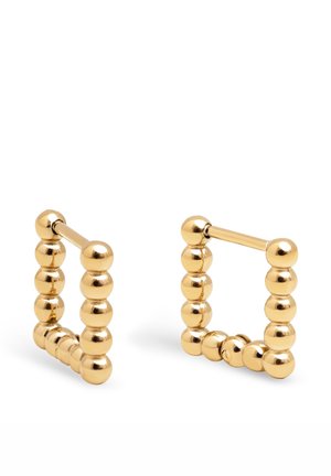 Quadratisch geformte goldene Creolen aus miteinander verbundenen runden Perlen mit einem geraden Stift zum Befestigen.