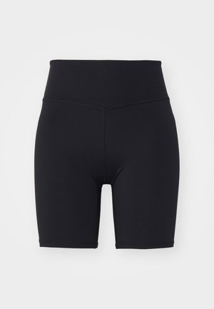 Μαύρο ποδηλατικό σορτς ψηλής μέσης από ελαστικό υλικό, με επίπεδους ραφές και μήκος μέχρι το μέσο του μηρού. Χωρίς σχέδια ή λεπτομέρειες.