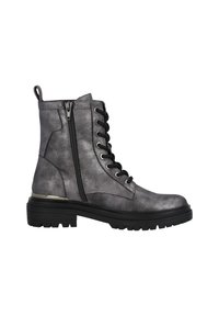Botas de tobillo metálicas grises con un diseño de cordones en la parte delantera, cremallera lateral y suela de goma negra. Cuenta con un tacón grueso y acentos metálicos decorativos.