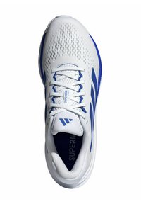 White running shoe with blue accents, mesh upper for breathability, flat laces, and padded collar. Features branding on tongue and insole.