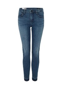 Jean skinny bleu taille haute avec fermeture bouton et zip à l'avant, deux poches à l'avant et à l'arrière, et des détails légèrement délavés.