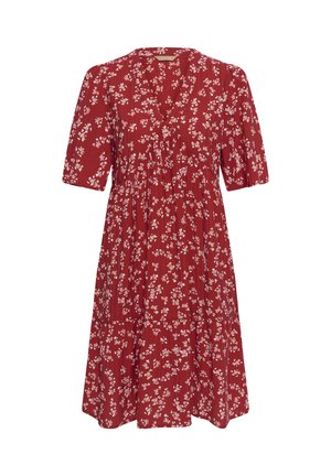 Rotes knielanges Kleid mit kurzen Ärmeln und weißem Blumenmuster, ausgestattet mit V-Ausschnitt und geraffter Taillenpartie.